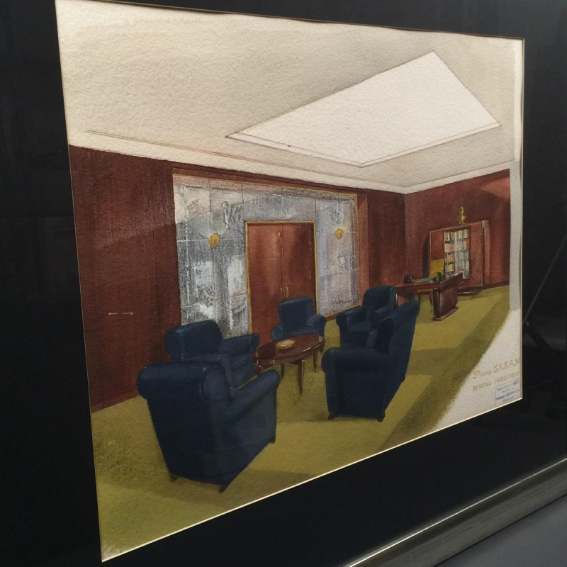 Aquarelle Art Déco "Bureau Président" de la SABAM par les Etablissements VANDERBORGHT à Bruxelles, ca 1930