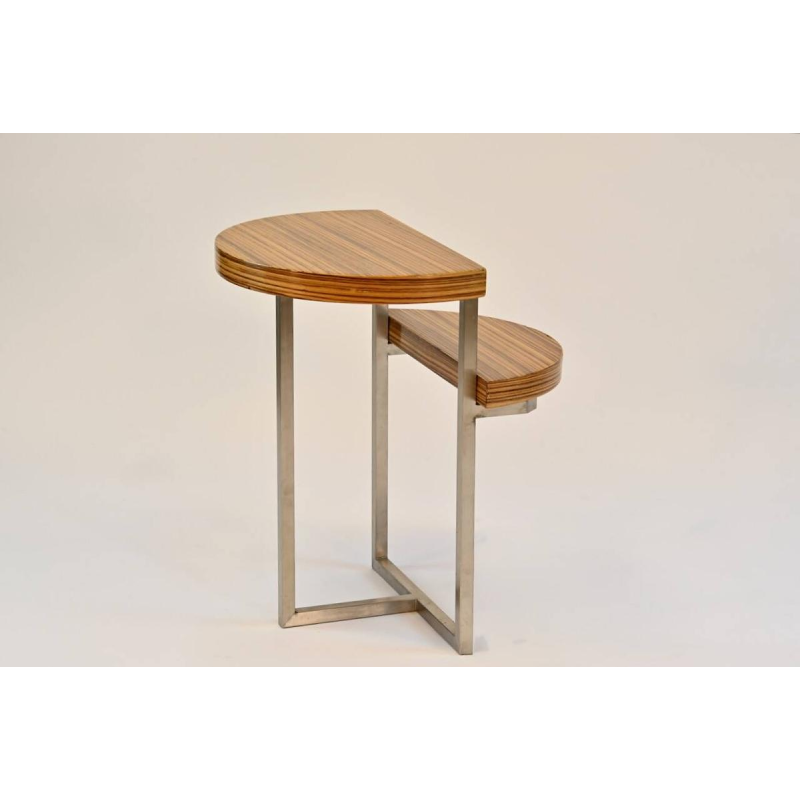 Zebrano wood side table with stainless steel base