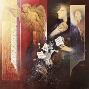 Jean-Claude DRESSE «Violoniste mystérieuse» tableau fantastique surréaliste