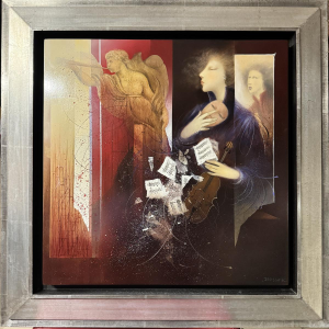 Jean-Claude Dresse, "De mysterieuze violist", een fantastisch surrealistisch schilderij.