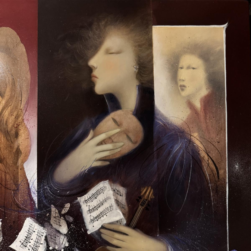 Jean-Claude Dresse, "De mysterieuze violist", een fantastisch surrealistisch schilderij.