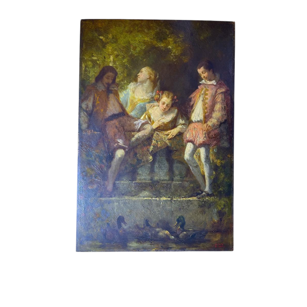 Narcisse Virgile Diaz de la Pena "Scène galante au parc" tableau huile sur panneau, ca 1850