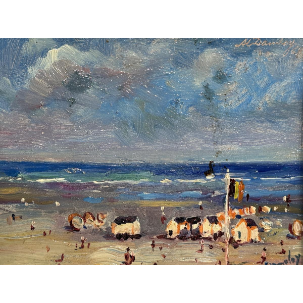 Albert Dandoy “Het strand van La Panne” 1948 olieverfschilderij op koper