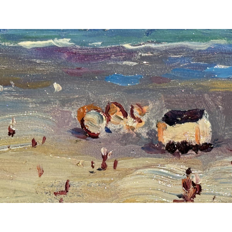 Albert Dandoy “Het strand van La Panne” 1948 olieverfschilderij op koper