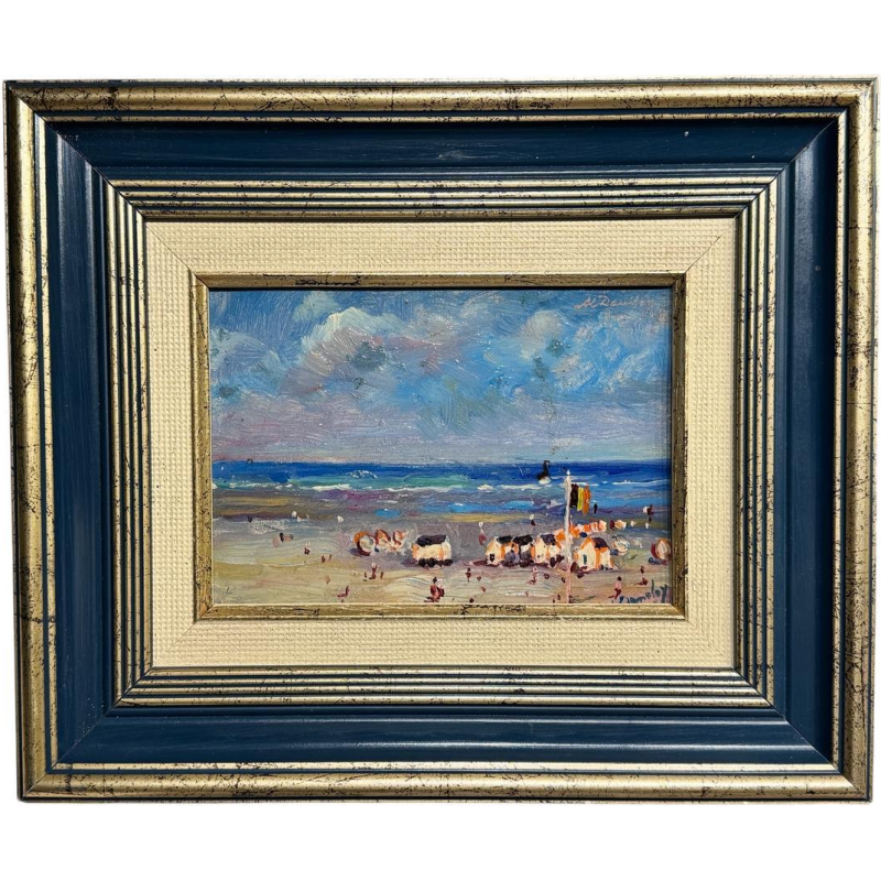 Albert DANDOY “The Beach at La Panne” 1948 oil painting on copper