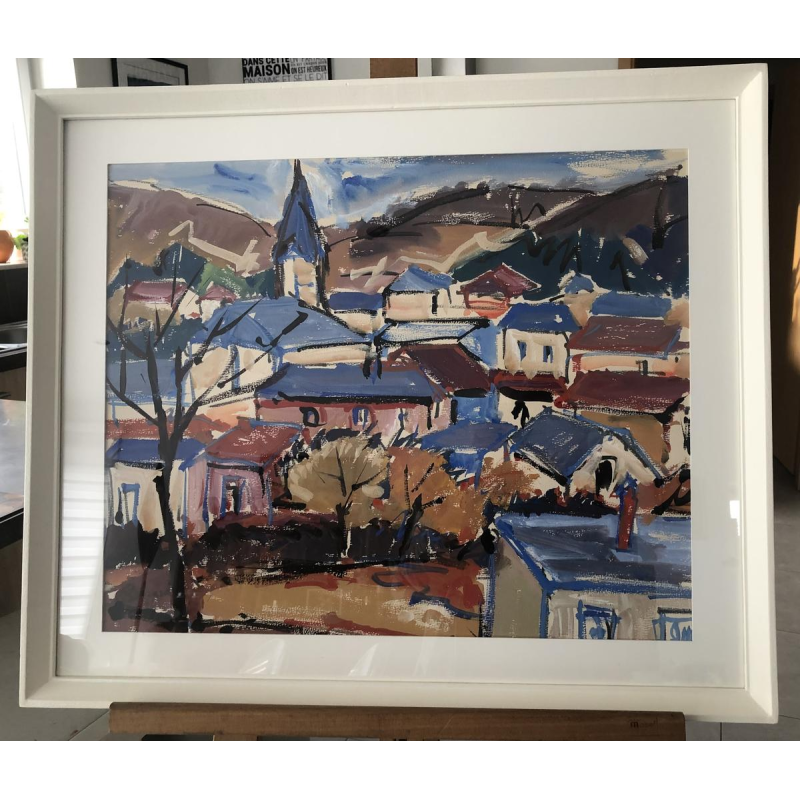 A. Pierard "Beauraing" tableau paysage gouache sur papier