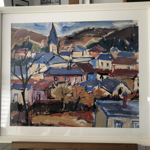 Landschapsschilderij "Beauring" van A. Pierard, gouache op papier.