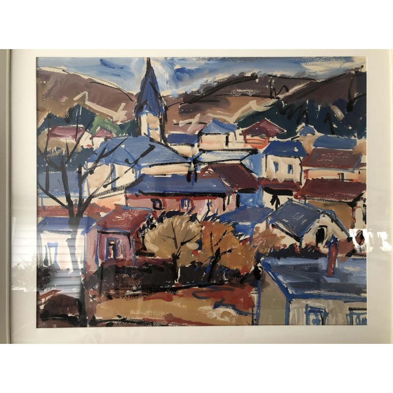 Landschapsschilderij "Beauring" van A. Pierard, gouache op papier.