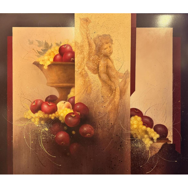Jean-Claude Dresse “Compositie met cherubijn en fruit”, olieverfschilderij op paneel