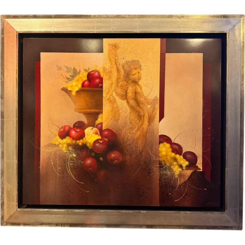 Jean-Claude DRESSE «Composition à l’angelot et aux fruits» peinture huile sur panneau