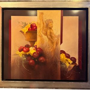 Jean-Claude Dresse “Compositie met cherubijn en fruit”, olieverfschilderij op paneel