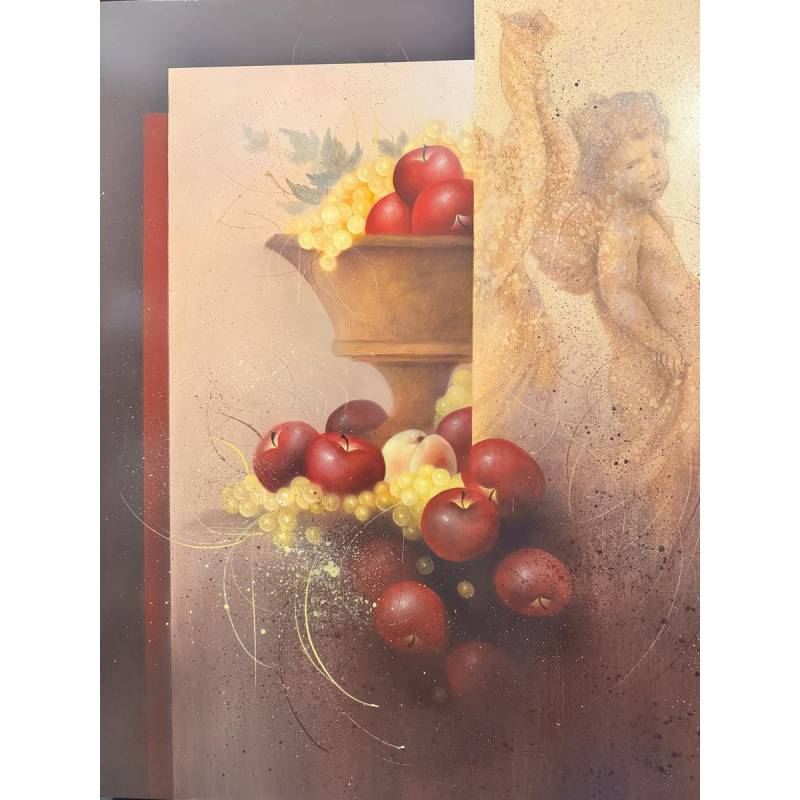 Jean-Claude DRESSE «Composition à l’angelot et aux fruits» peinture huile sur panneau