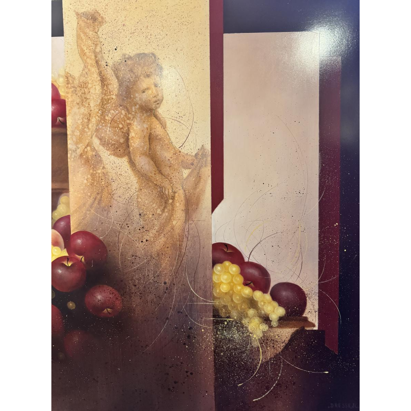 Jean-Claude DRESSE «Composition à l’angelot et aux fruits» peinture huile sur panneau