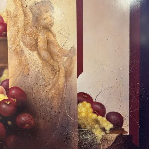 Jean-Claude Dresse “Compositie met cherubijn en fruit”, olieverfschilderij op paneel