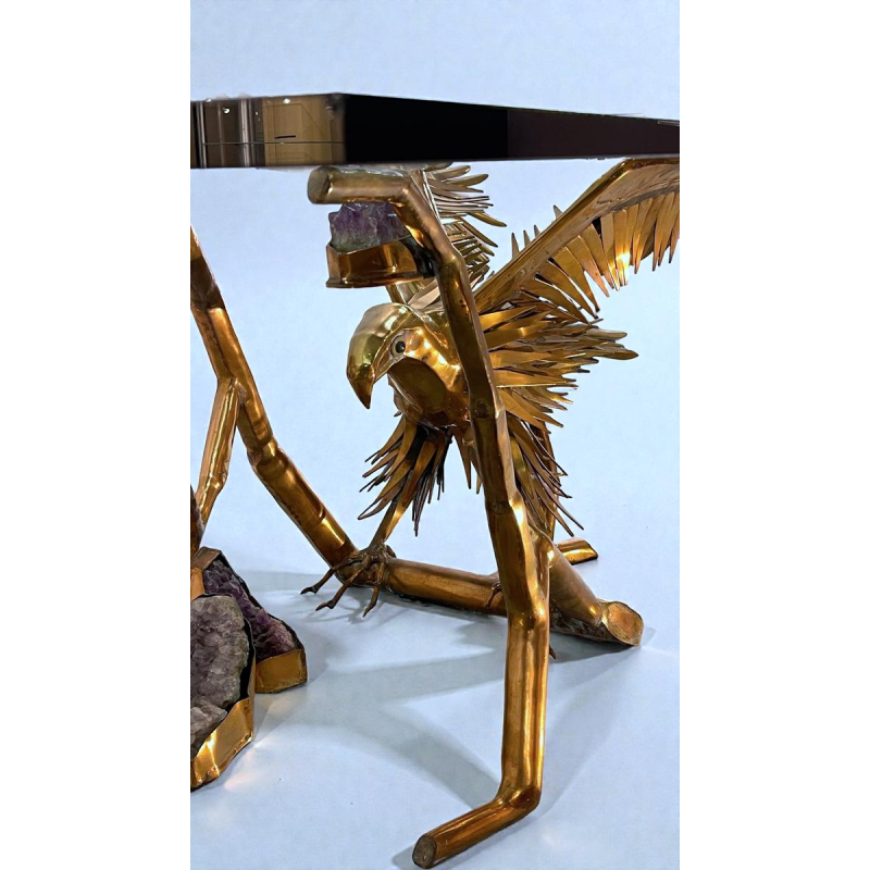 Christian Techoueyres, table à dîner / console Hollywood Regency laiton et géodes d'améthyste, 1970s