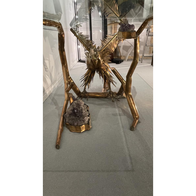 Christian Techoueyres, Hollywood Regency eettafel/console van messing en amethistgeodes, jaren 70