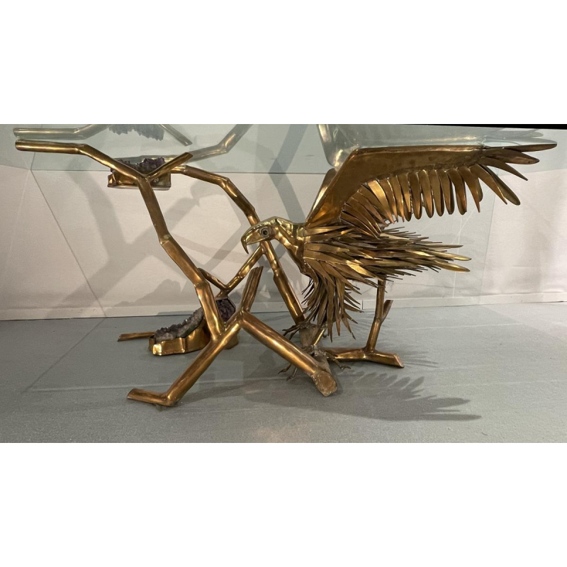 Christian Techoueyres, Hollywood Regency dining table/console in brass and amethyst geodes, 1970s