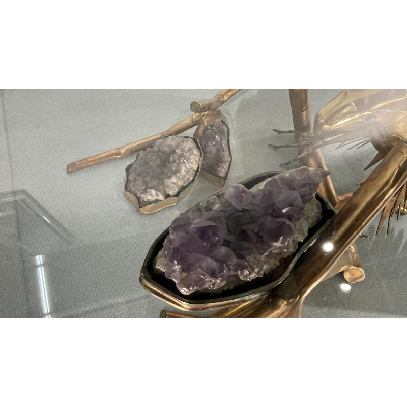 Christian Techoueyres, Hollywood Regency dining table/console in brass and amethyst geodes, 1970s