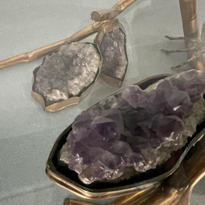 Christian Techoueyres, Hollywood Regency dining table/console in brass and amethyst geodes, 1970s