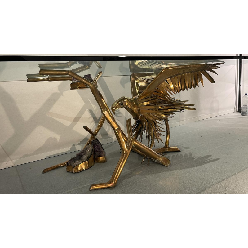 Christian Techoueyres, table à dîner / console Hollywood Regency laiton et géodes d'améthyste, 1970s