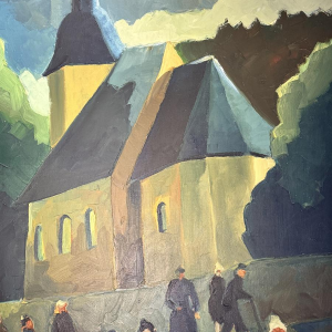 Milo DARDENNE «Paroissiens à la sortie de l’Eglise Saint Pierre de Jamoigne?» peinture huile sur toile