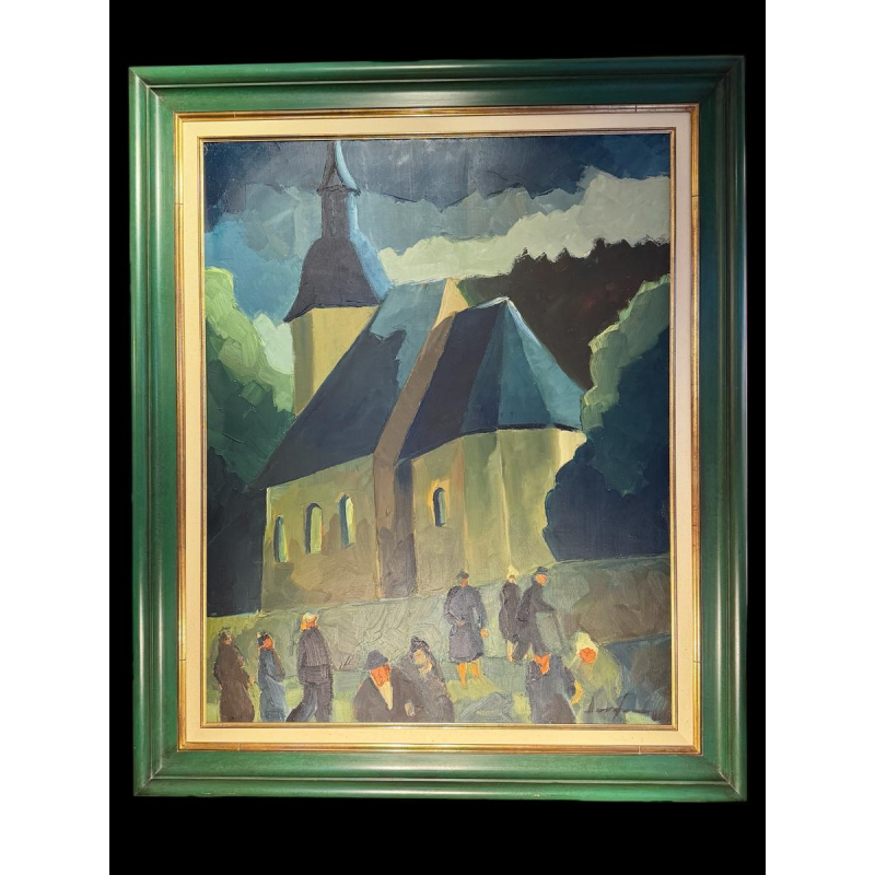 Milo DARDENNE «Paroissiens à la sortie de l’Eglise Saint Pierre de Jamoigne?» peinture huile sur toile