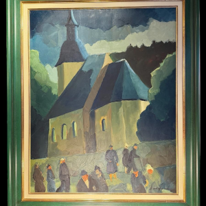 Milo DARDENNE “Parishioners leaving the Church of Saint Peter in Jamoigne?” oil painting on canvas