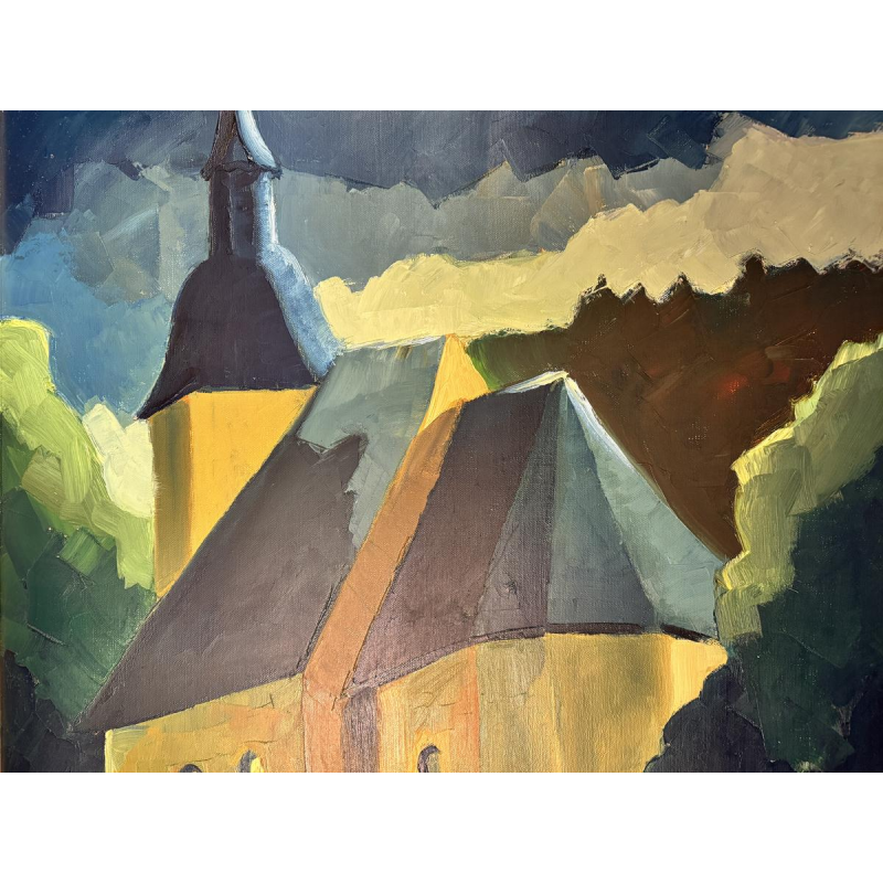 Milo Dardenne “Parochianen verlaten de Sint-Pieterskerk in Jamoigne?” olieverfschilderij op doek