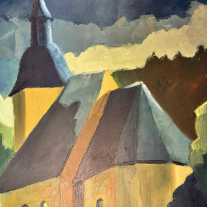 Milo DARDENNE “Parishioners leaving the Church of Saint Peter in Jamoigne?” oil painting on canvas