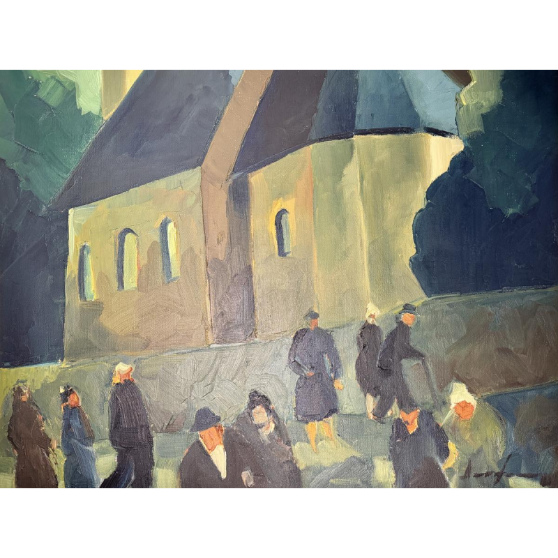 Milo DARDENNE «Paroissiens à la sortie de l’Eglise Saint Pierre de Jamoigne?» peinture huile sur toile