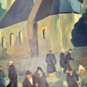 Milo Dardenne “Parochianen verlaten de Sint-Pieterskerk in Jamoigne?” olieverfschilderij op doek