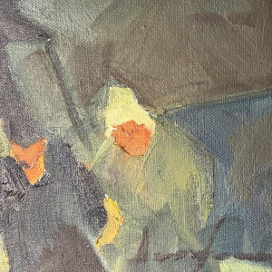 Milo Dardenne “Parochianen verlaten de Sint-Pieterskerk in Jamoigne?” olieverfschilderij op doek