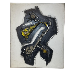 Gilbert AUQUIERE "Fusion XXI" mixed media, abstract painting on panel in 1965