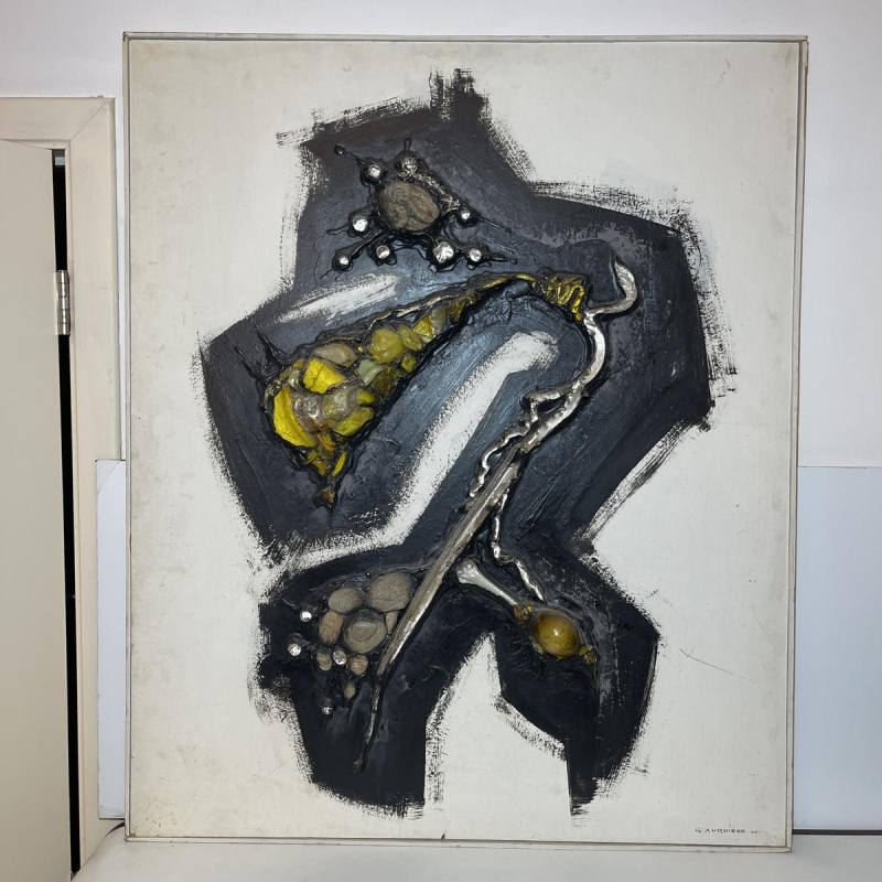 Gilbert AUQUIERE "Fusion XXI" mixed media, abstract painting on panel in 1965