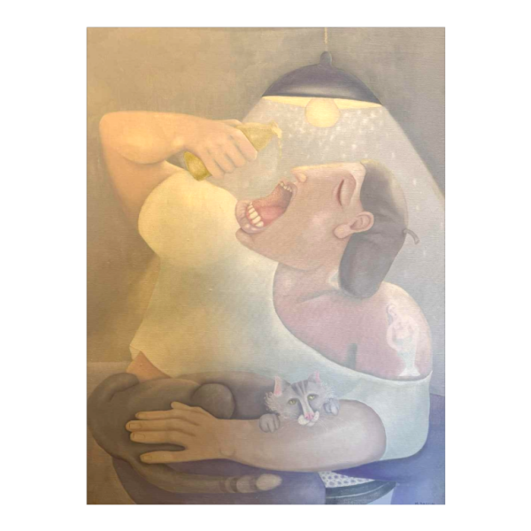 Mireille BASTIN « le buveur de bière et son chat » peinture huile sur toile