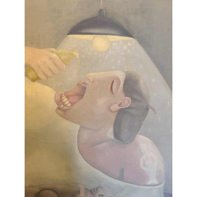 Mireille BASTIN "The béer drinker and his cat" oil painting on canvas,