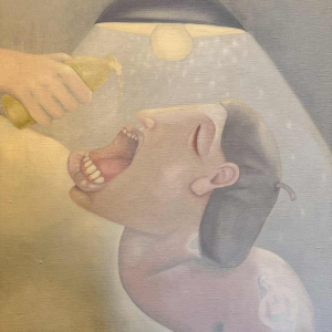 Mireille BASTIN "The béer drinker and his cat" oil painting on canvas,