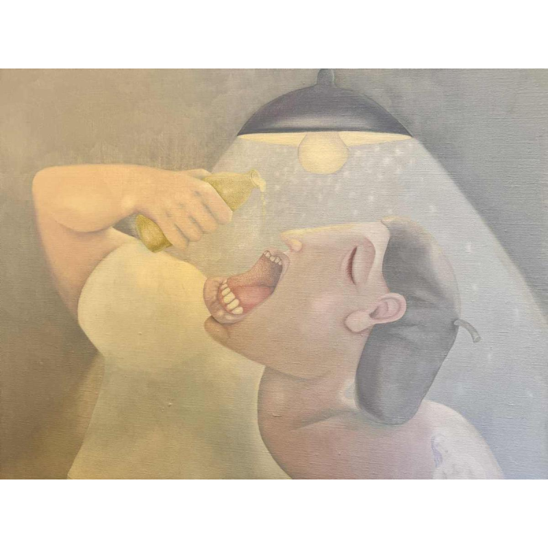 Mireille BASTIN « le buveur de bière et son chat » peinture huile sur toile