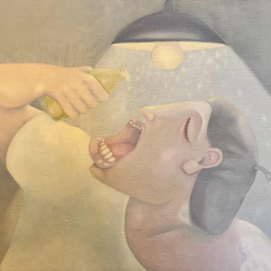 Mireille BASTIN "The béer drinker and his cat" oil painting on canvas,