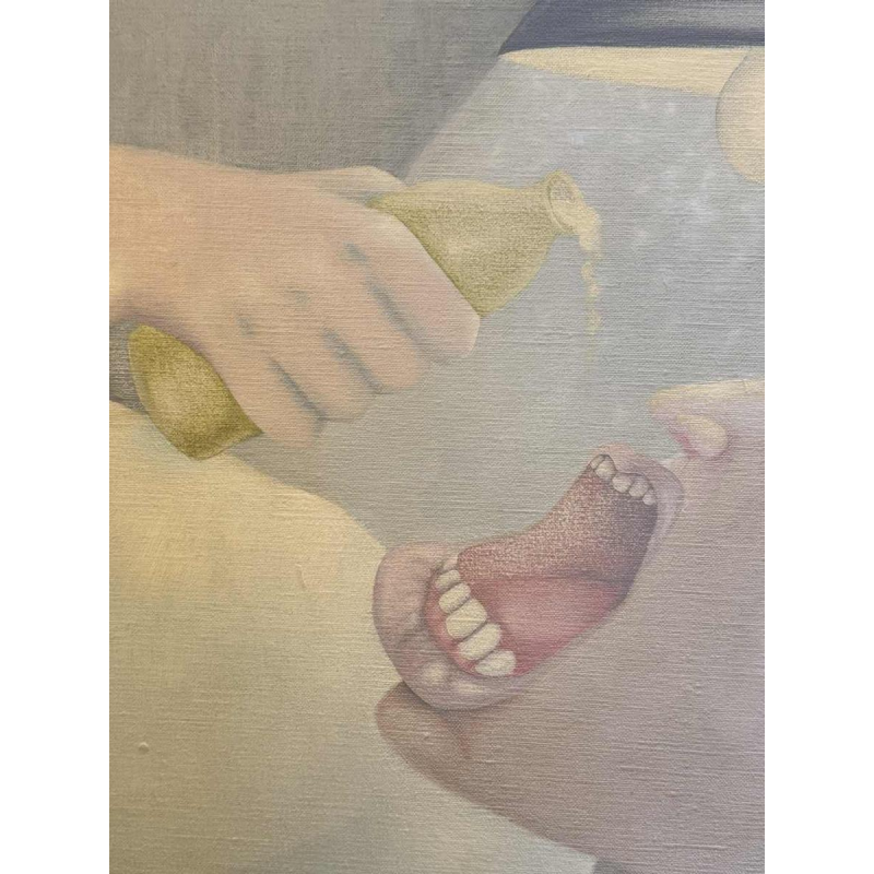 Mireille BASTIN « le buveur de bière et son chat » peinture huile sur toile