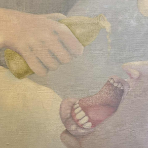 Mireille BASTIN « le buveur de bière et son chat » peinture huile sur toile