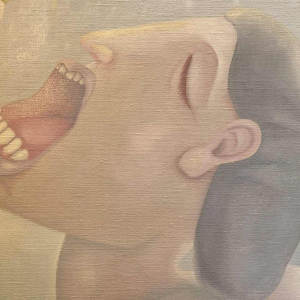 Mireille BASTIN « le buveur de bière et son chat » peinture huile sur toile