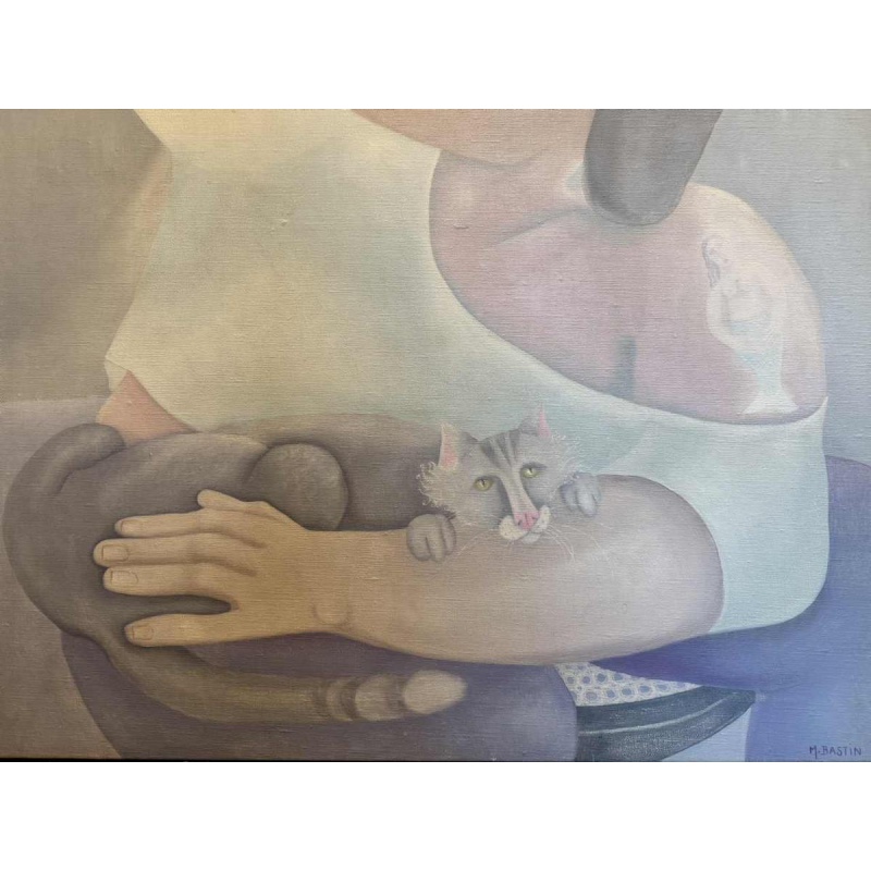 Mireille BASTIN « le buveur de bière et son chat » peinture huile sur toile