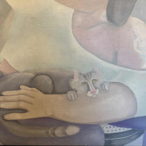 Mireille BASTIN « le buveur de bière et son chat » peinture huile sur toile