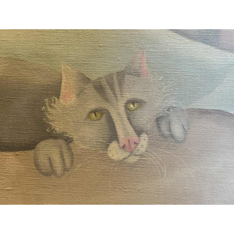 Mireille BASTIN "The béer drinker and his cat" oil painting on canvas,