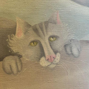 Mireille BASTIN « le buveur de bière et son chat » peinture huile sur toile