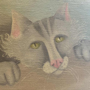 Mireille BASTIN « le buveur de bière et son chat » peinture huile sur toile