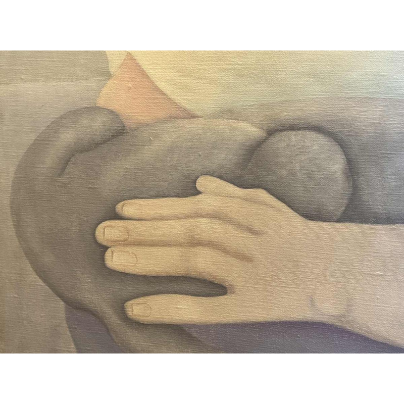 Mireille BASTIN « le buveur de bière et son chat » peinture huile sur toile