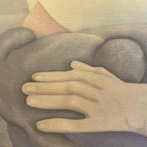 Mireille BASTIN « le buveur de bière et son chat » peinture huile sur toile