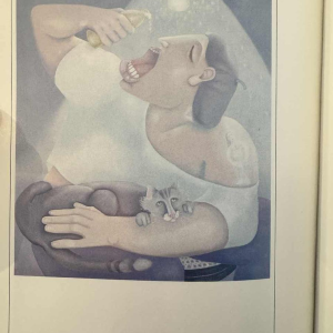 Mireille BASTIN « le buveur de bière et son chat » peinture huile sur toile